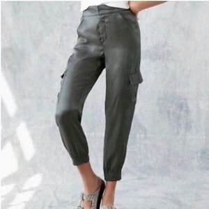 Anthropologie- Metallic Dark Silk Cargo Jogger Pants